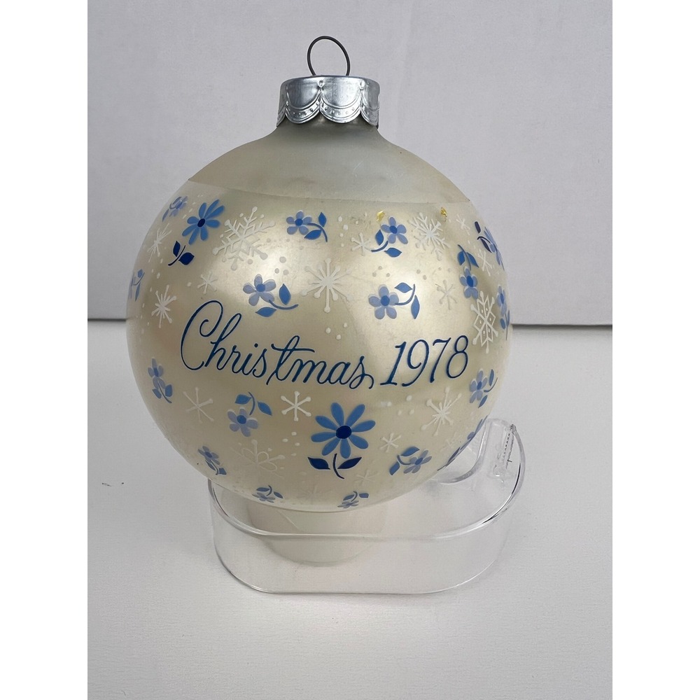 Hallmark Glass Christmas Ornament 1978 Mother's Love Blue Flowers Snowflakes